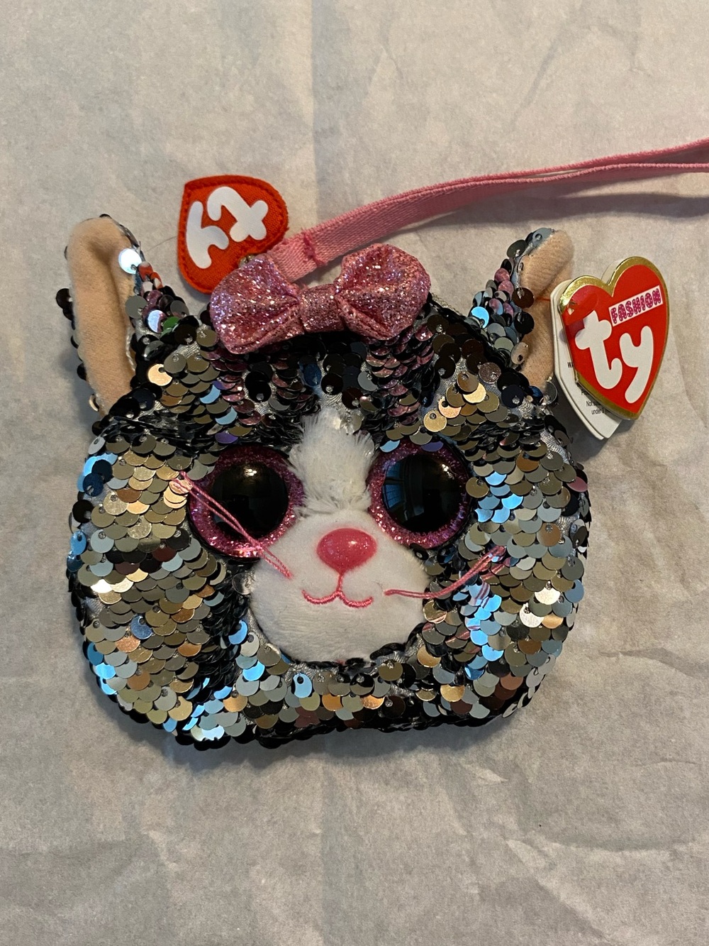 Ty Sequin Cat “Kiki” Wristlet Coin Purse with Pink Bow and Strap